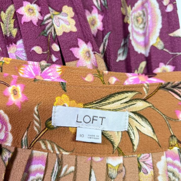 LOFT Size 10 Pleated Floral Skirt Brown Burgundy Floral Print Side Zip - Picture 2 of 8